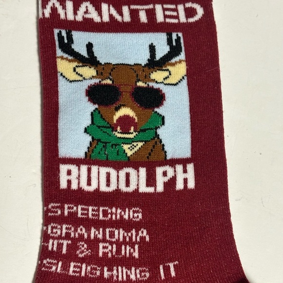 Xmas Socks Rudolph WANTED FOR RUNNING OVER G’MA NWOT - Picture 9 of 10